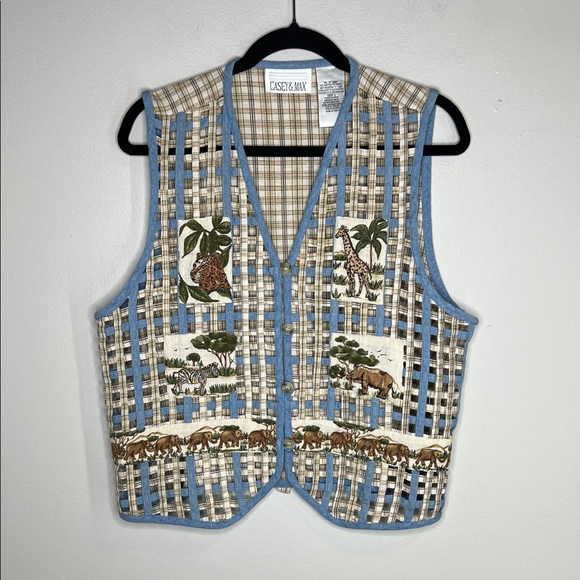 Vintage Casey & Max Patchwork Safari Animals Lattice And Plaid Cotton Linen Vest - Picture 2 of 11